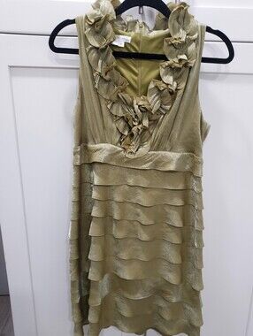 London Times Olive Ruffle V-Neck Tiered Dress